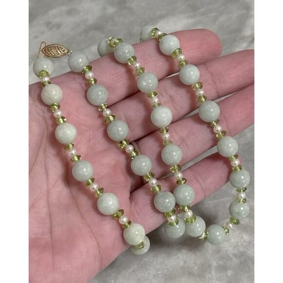 NOS 14K Gold GSJ Signed Jade Pearl Peridot 24in Beaded Necklace - Picture 7 of 10